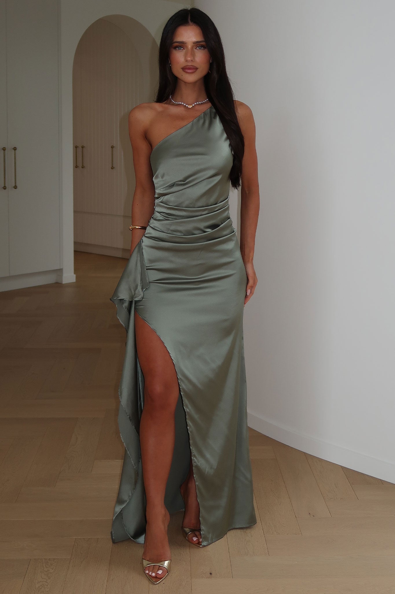 Elianna One Shoulder Satin Maxi Dress - Verde Salvia