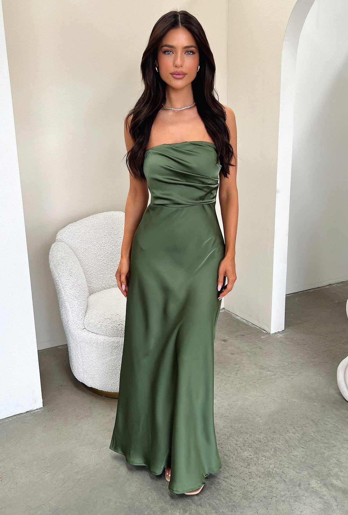Elio Strapless Satin Maxi Dress - Verde Oliva