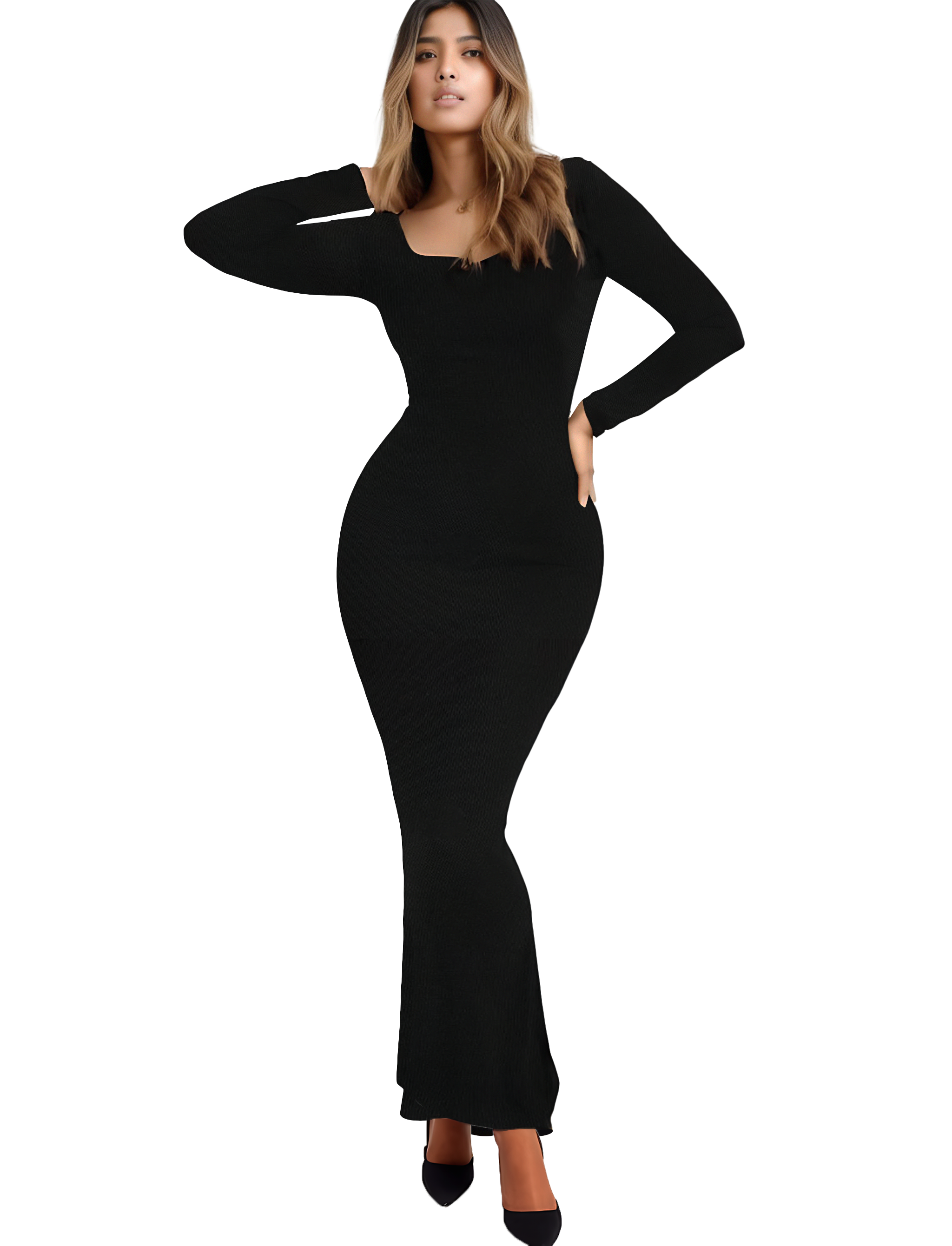 Vestito Lungo da Notte con Manica Lunga e Fascia Integrata
