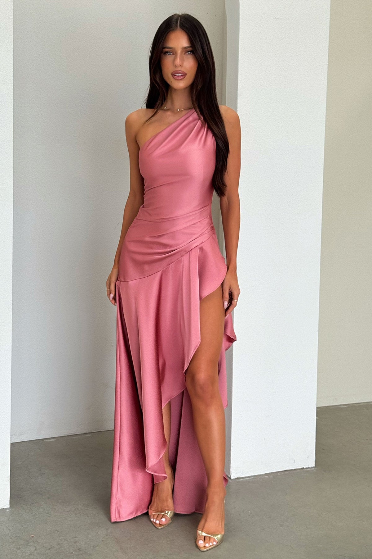 Leni One Shoulder Satin Maxi Dress - Rosa Palo