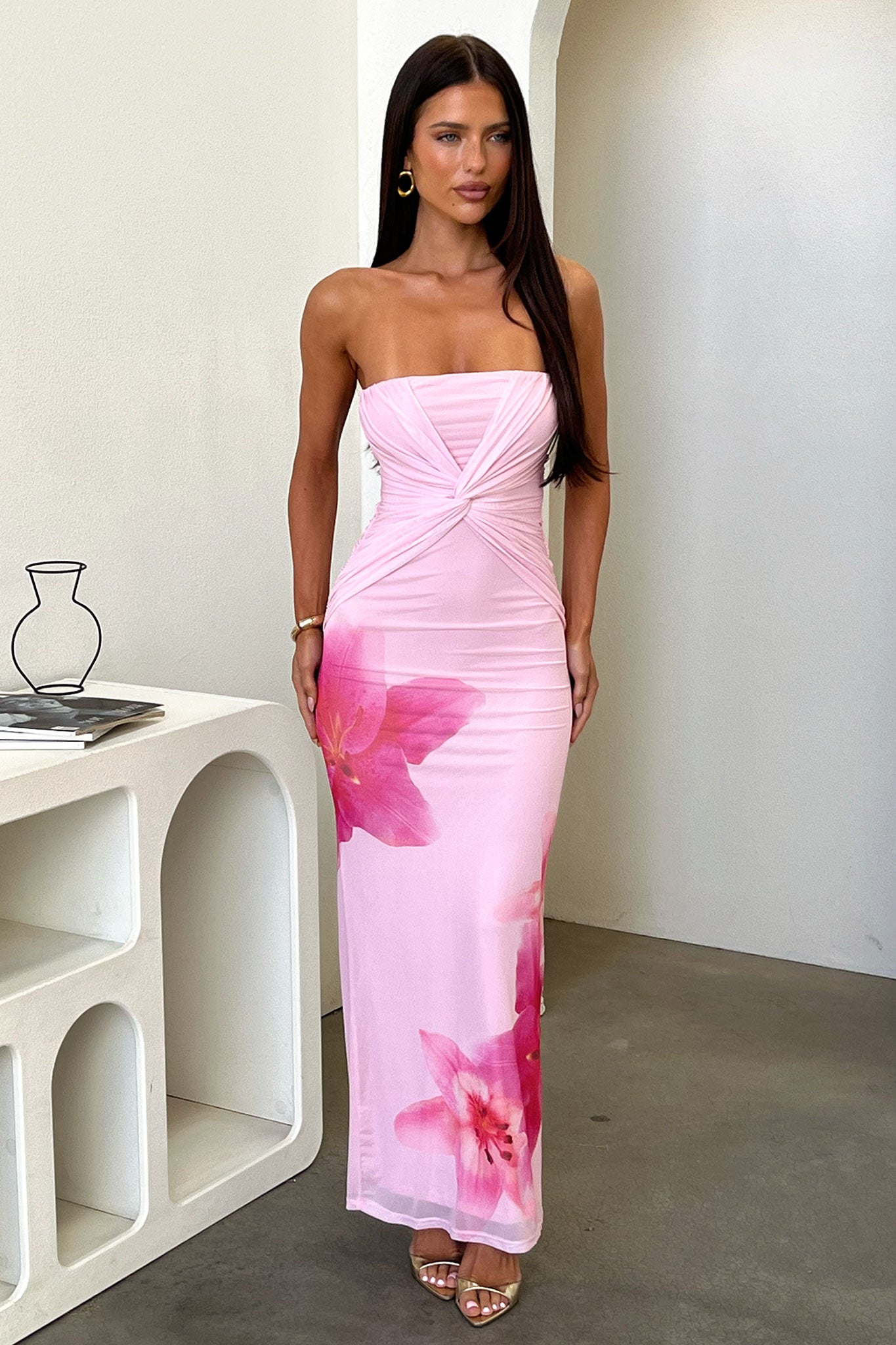 Lennen Strapless Mesh Maxi Dress - Rosa