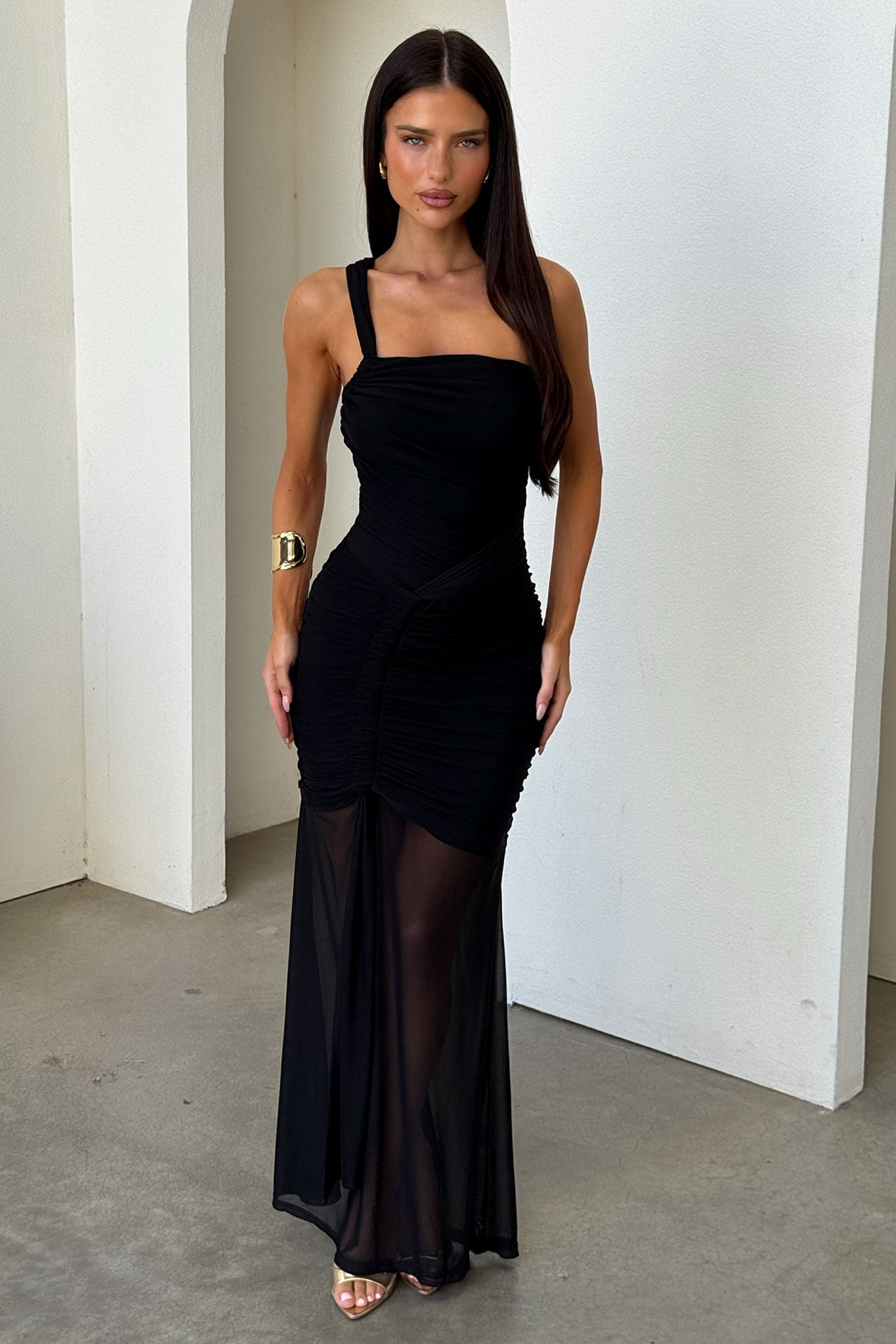Salvatore One Shoulder Mesh Maxi Dress - Negro