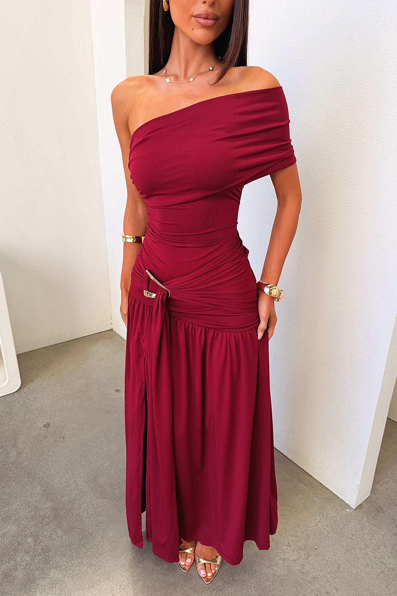 Aveline Strapless Wrap Maxi Dress - Burdeos
