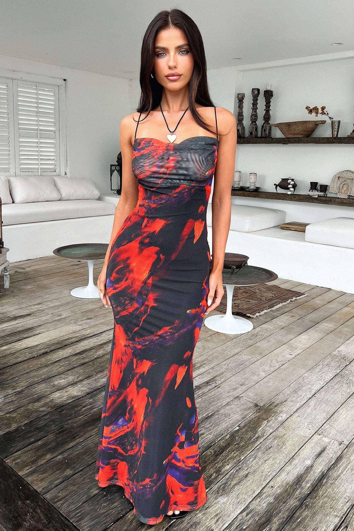 Barb Mesh Maxi Dress - Negro/Rojo