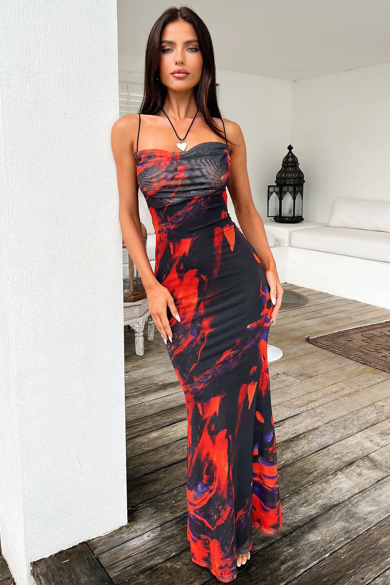 Barb Mesh Maxi Dress - Negro/Rojo