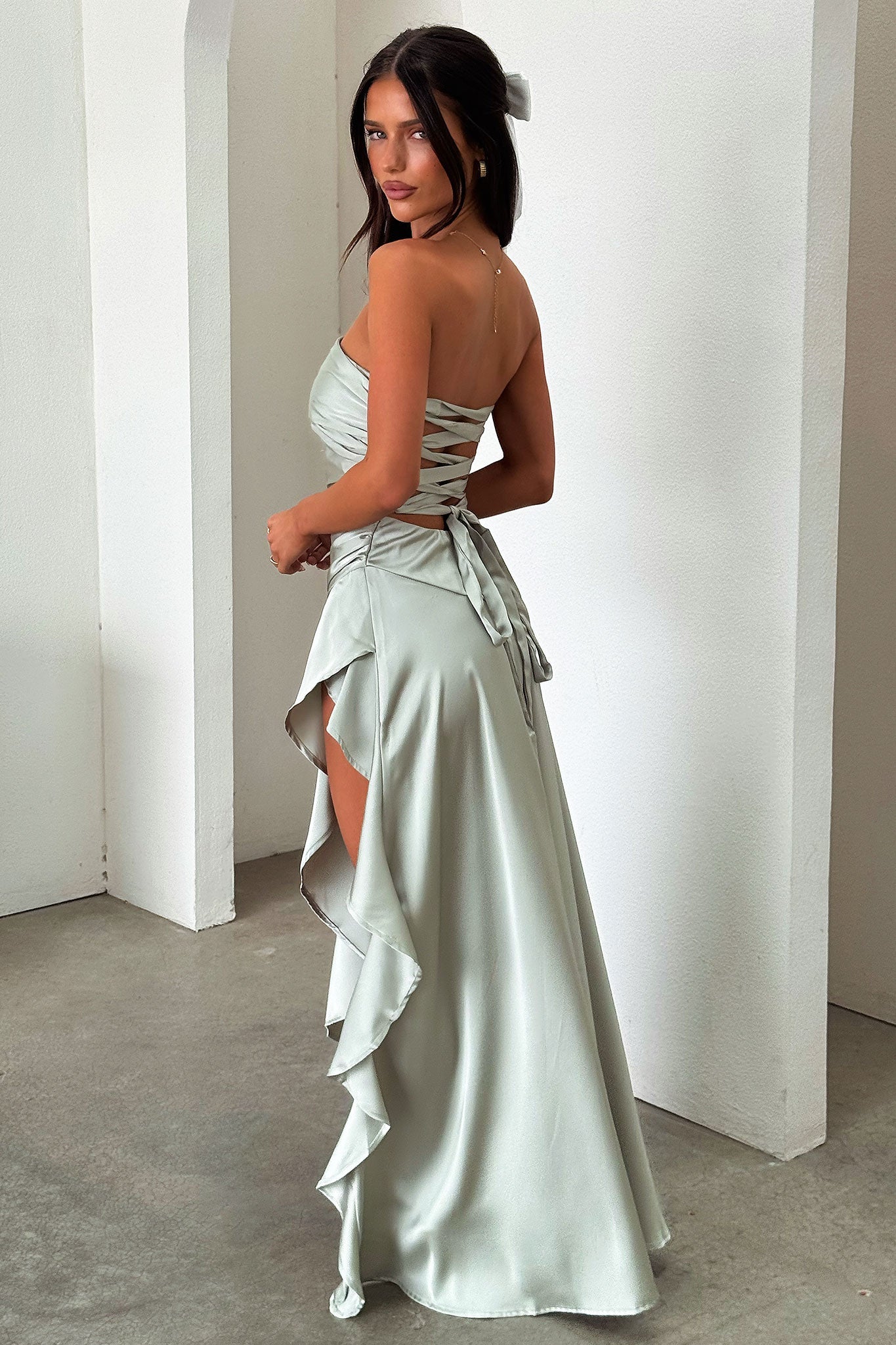 Carly Strapless Satin Maxi Dress - Verde Salvia