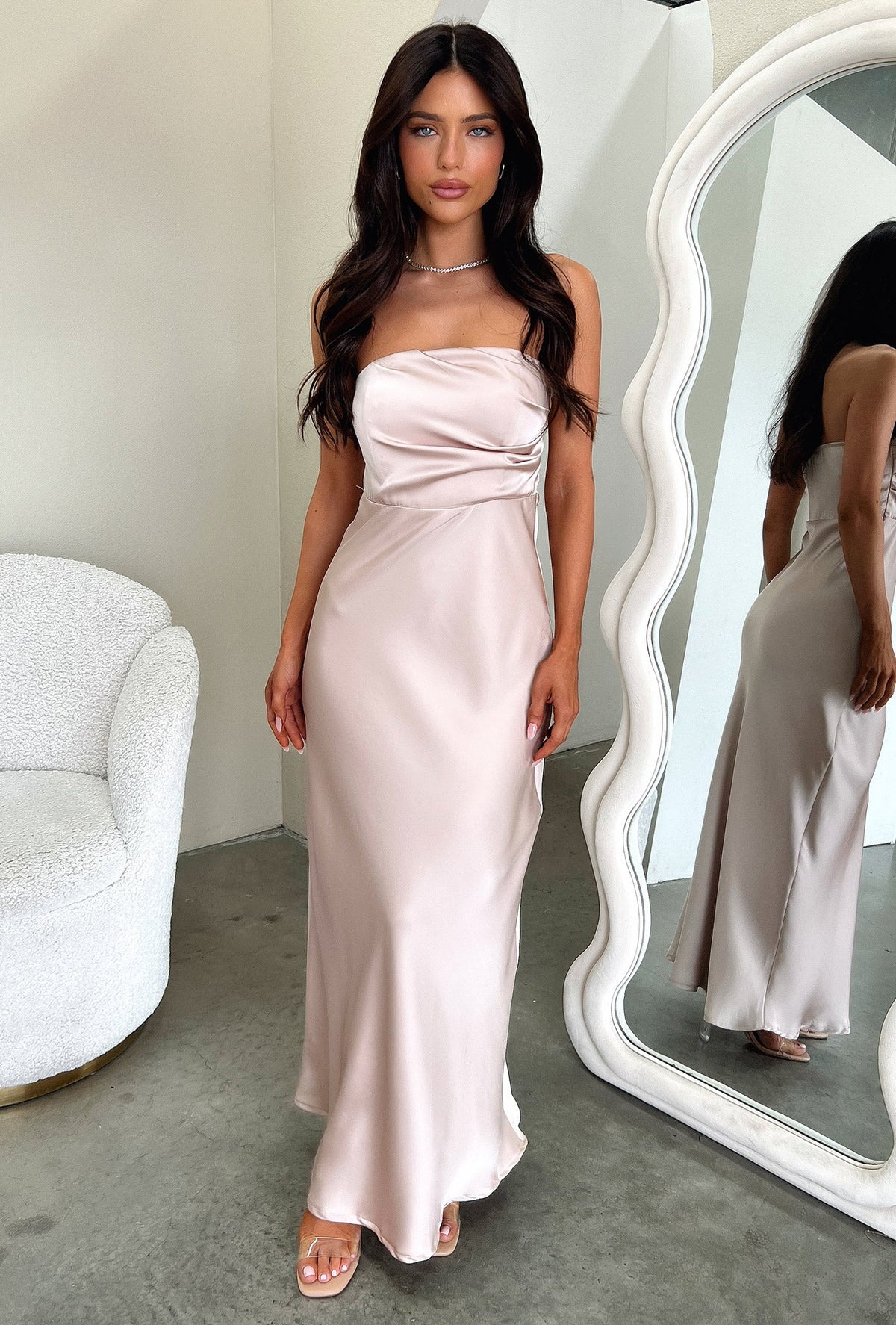 Elio Strapless Satin Maxi Dress - Champán