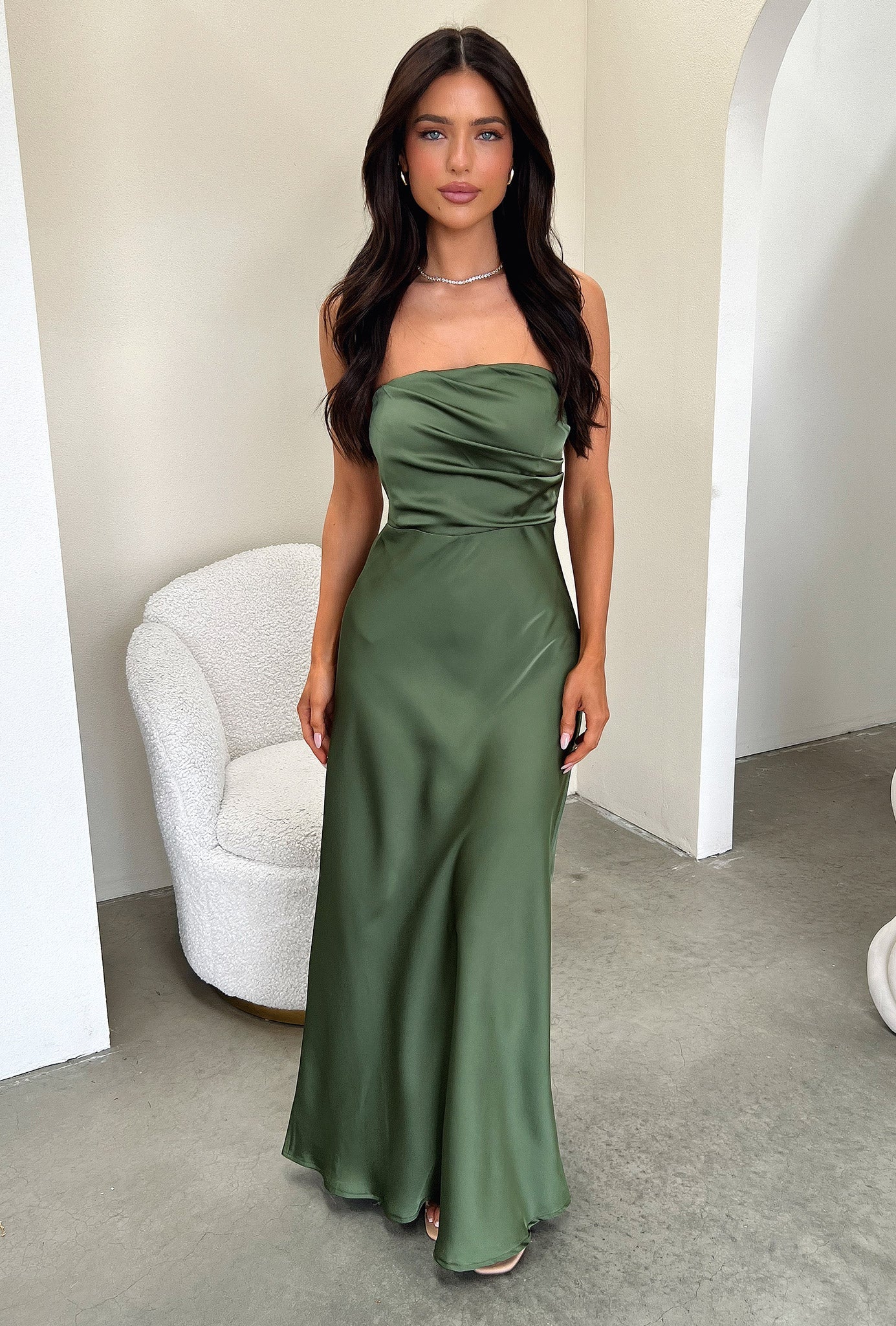 Elio Strapless Satin Maxi Dress - Verde Oliva