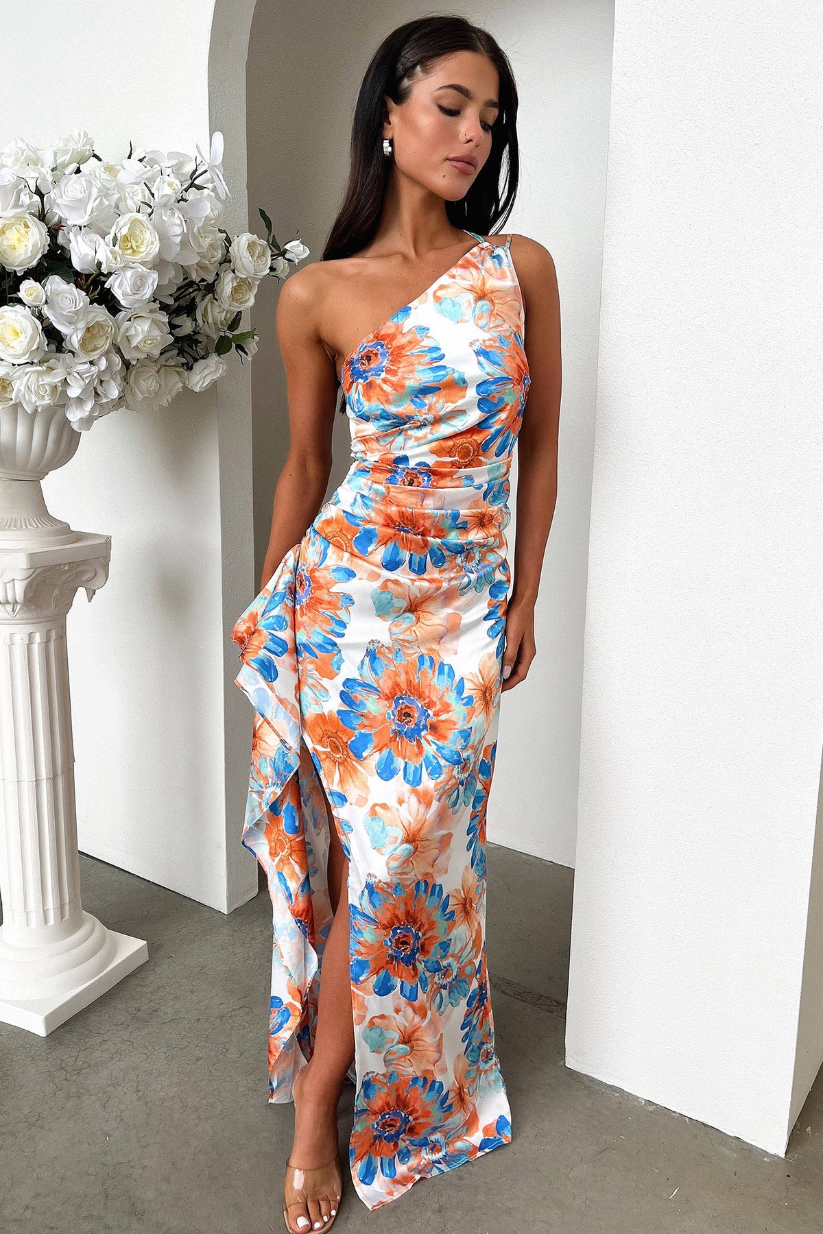 Elianna One Shoulder Satin Maxi Dress - Floral Azul