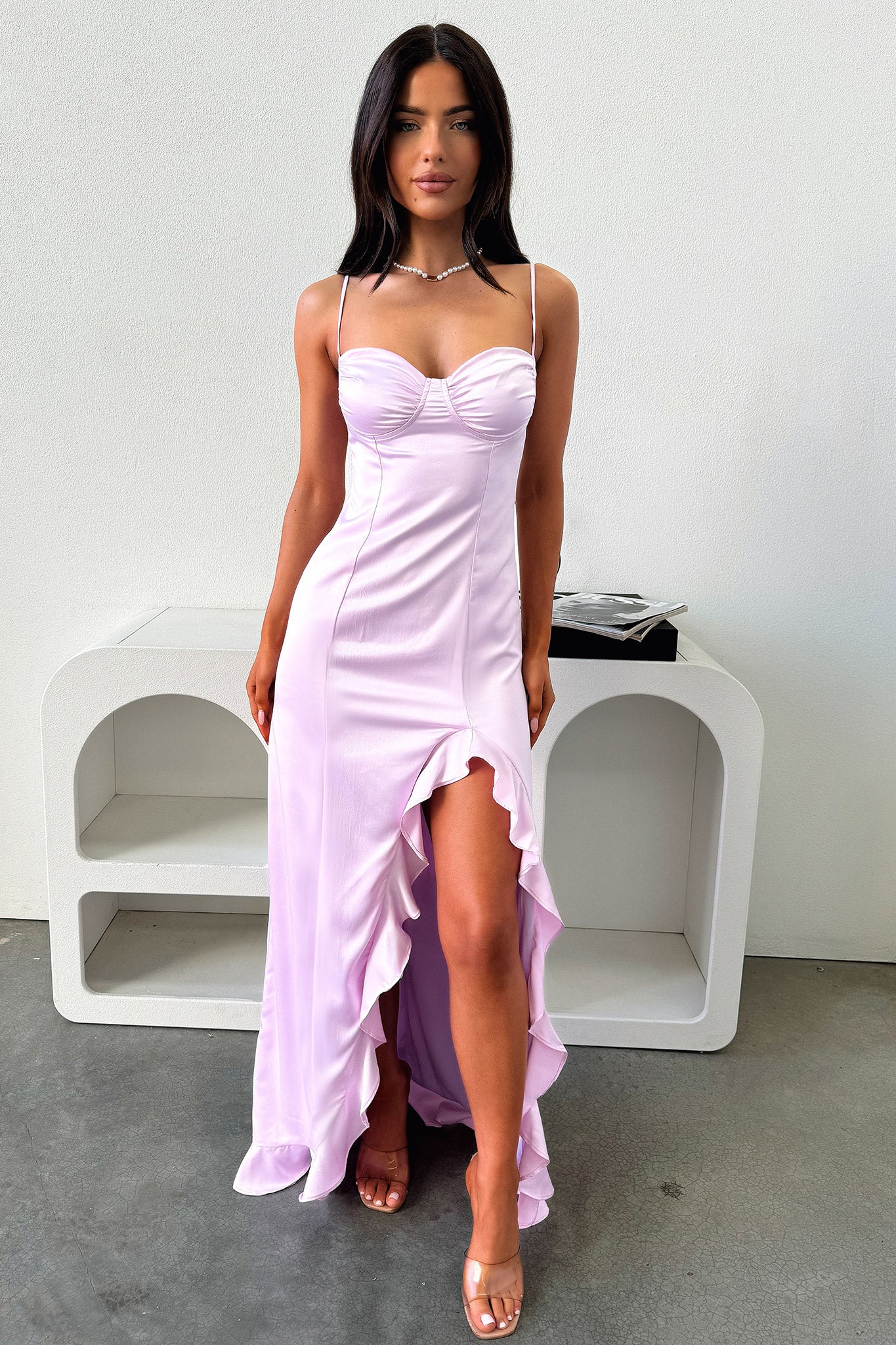 Lauren Ruffle Trim Satin Maxi Dress - Lila