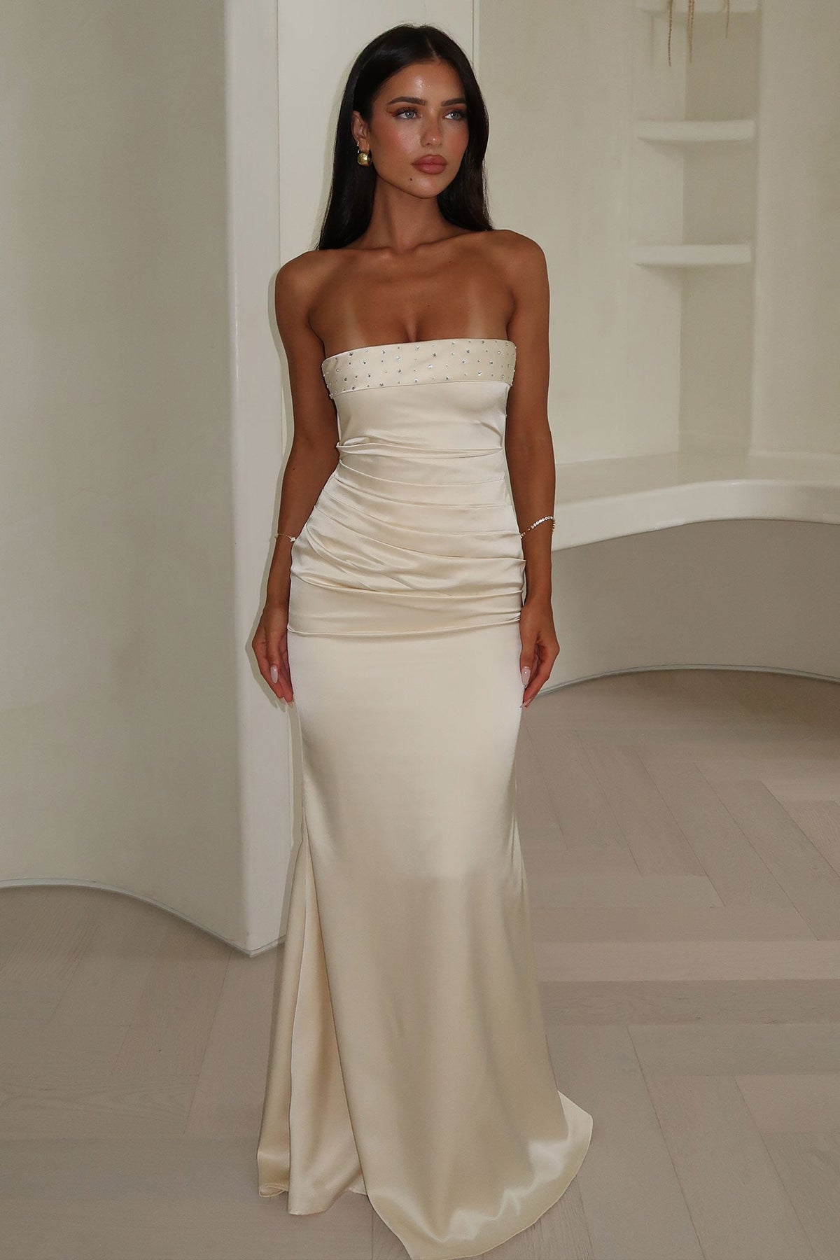 Ophelia Strapless Embellished Satin Maxi Dress - Champán