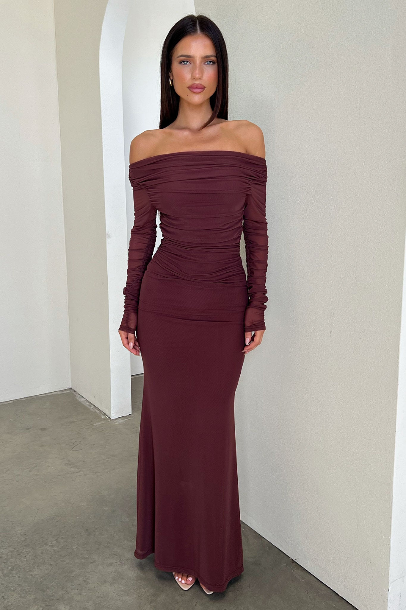 Rowan Long Sleeve Mesh Maxi Dress - Marrón
