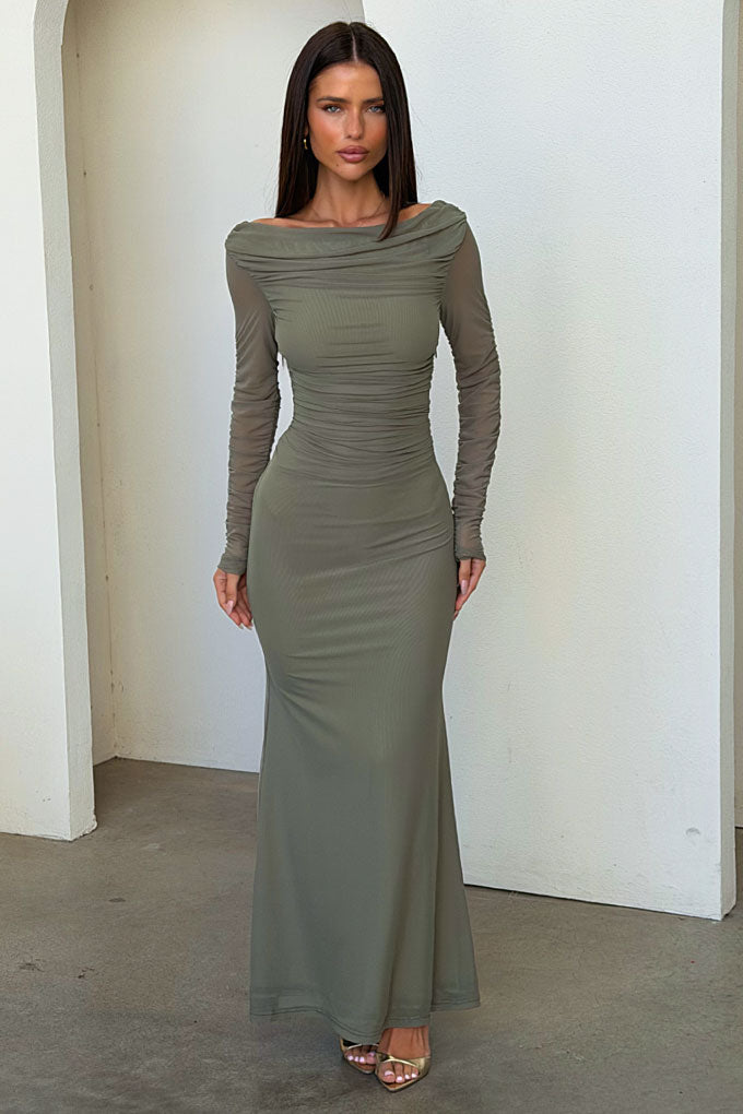 Rowan Long Sleeve Mesh Maxi Dress - Caqui